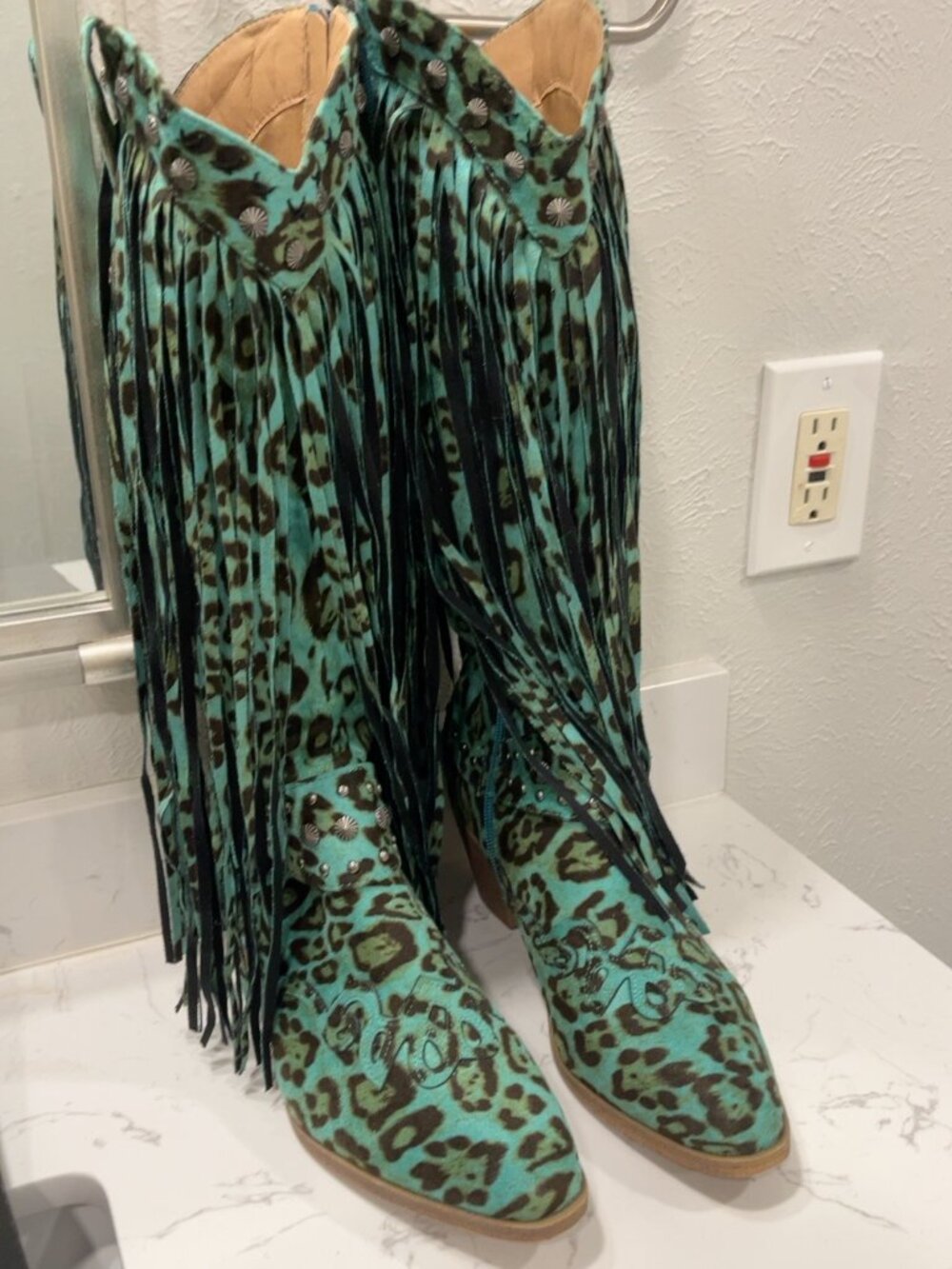 Turquoise Leopard Print Fringe Western Cowboy Boots Concho Studded Size 9
